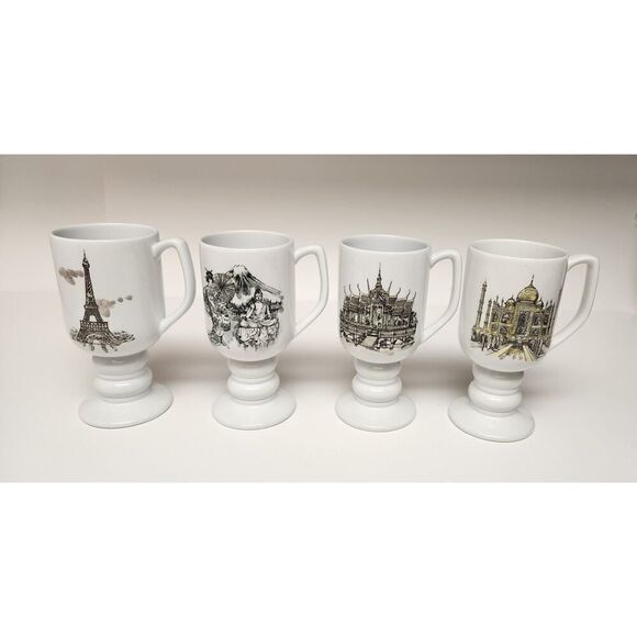 Kaysons International Pedestal Coffee Mugs Lot Of 4 Vtg 1965 Historical Landmark - Picture 1 of 12